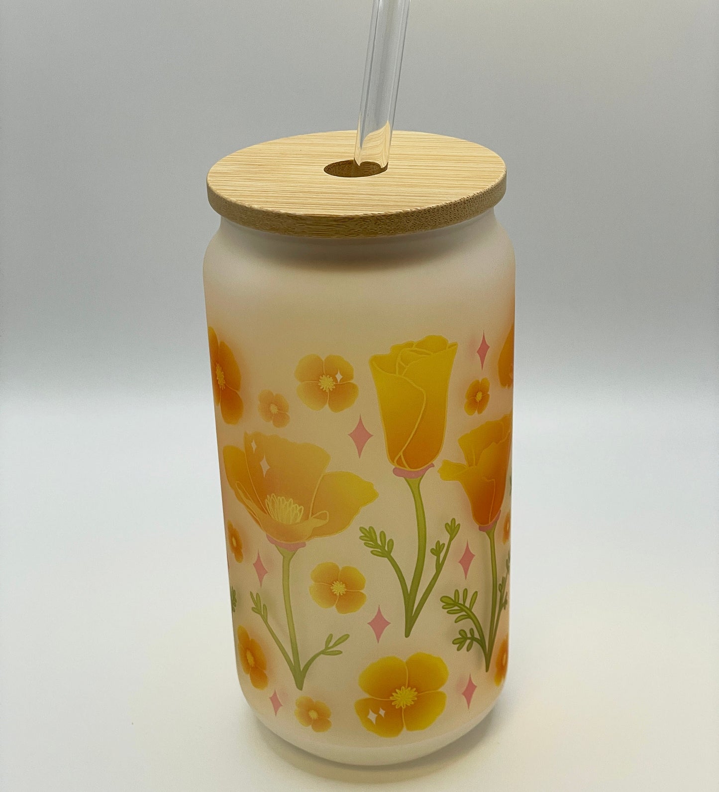 Poppy Iced Coffee Glass, California Poppies, Glass Can w/ bamboo Lid & Straw, Beer Can Glass, Flower Frosted Glass Cup, Golden Poppy Flower