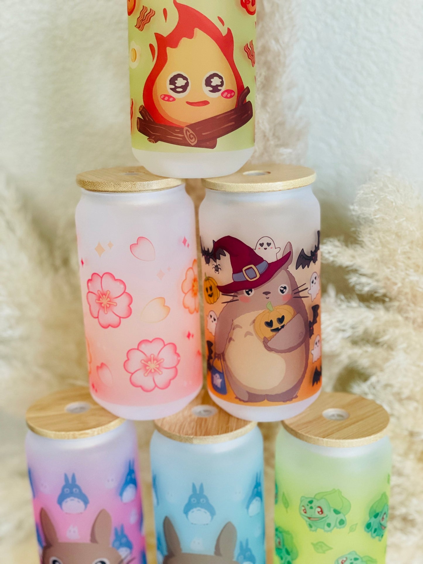 18oz Glass Tumbler / Cute Anime / Glass Cup with Lid / Reusable Straw