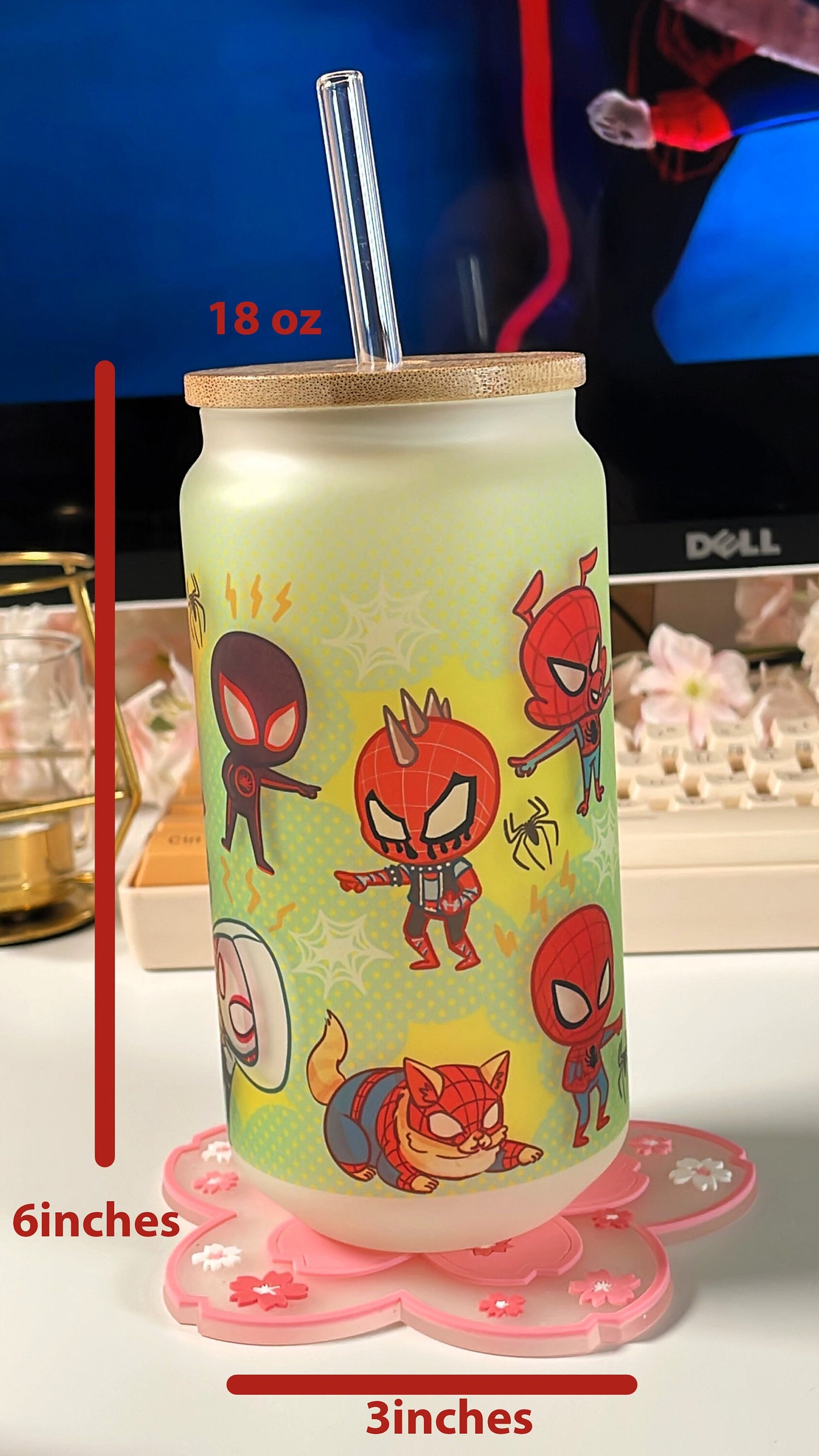 18oz Glass Tumbler | Spider & Friends | Cute Superheroes | Glass Cup with Bamboo Lid | Reusable Glass Straw