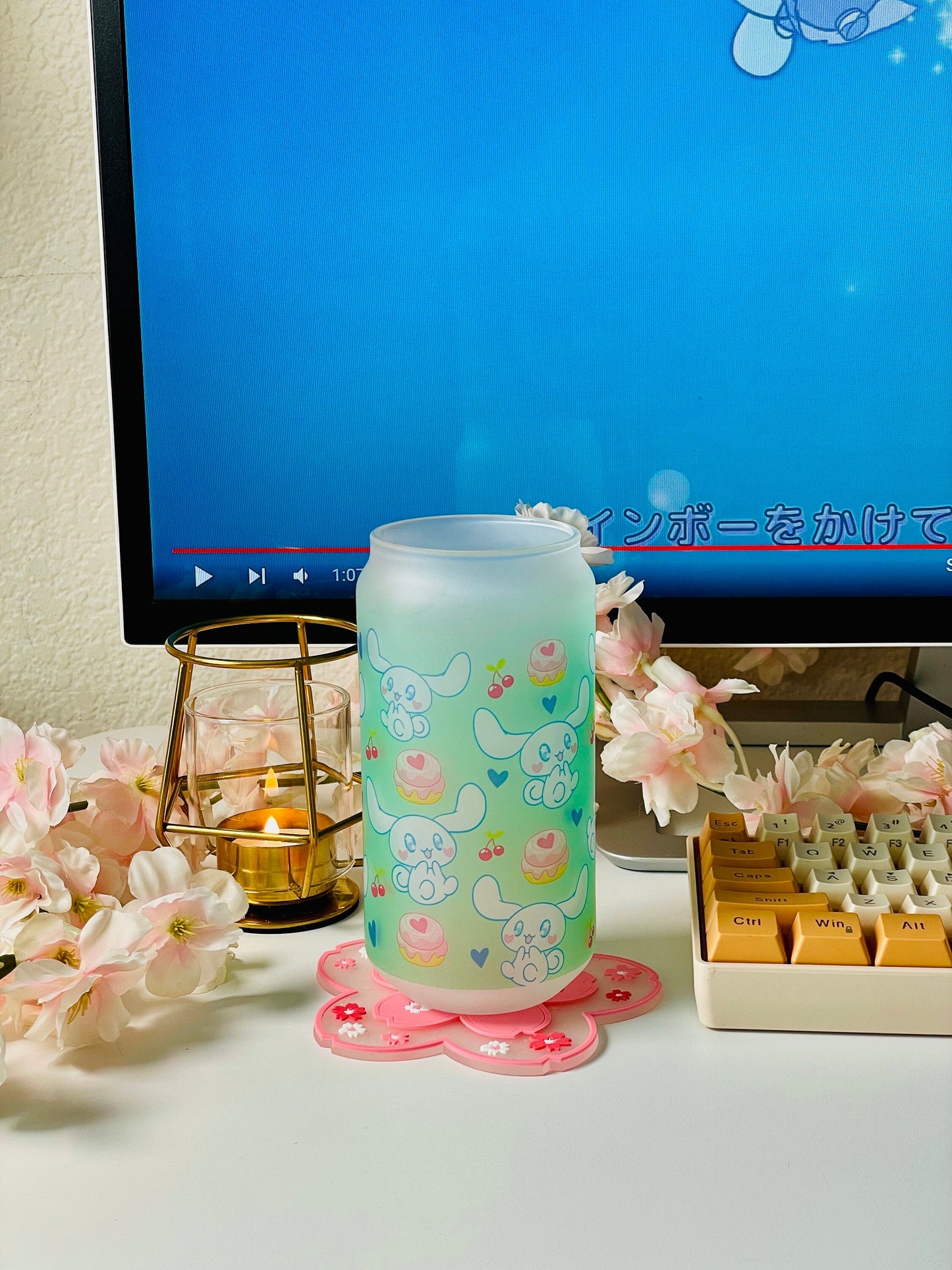 Kawaii cup, Cute green bunny glass, Iced Coffee Glass, Glass Cup with Bamboo Lid and glass straw, cute