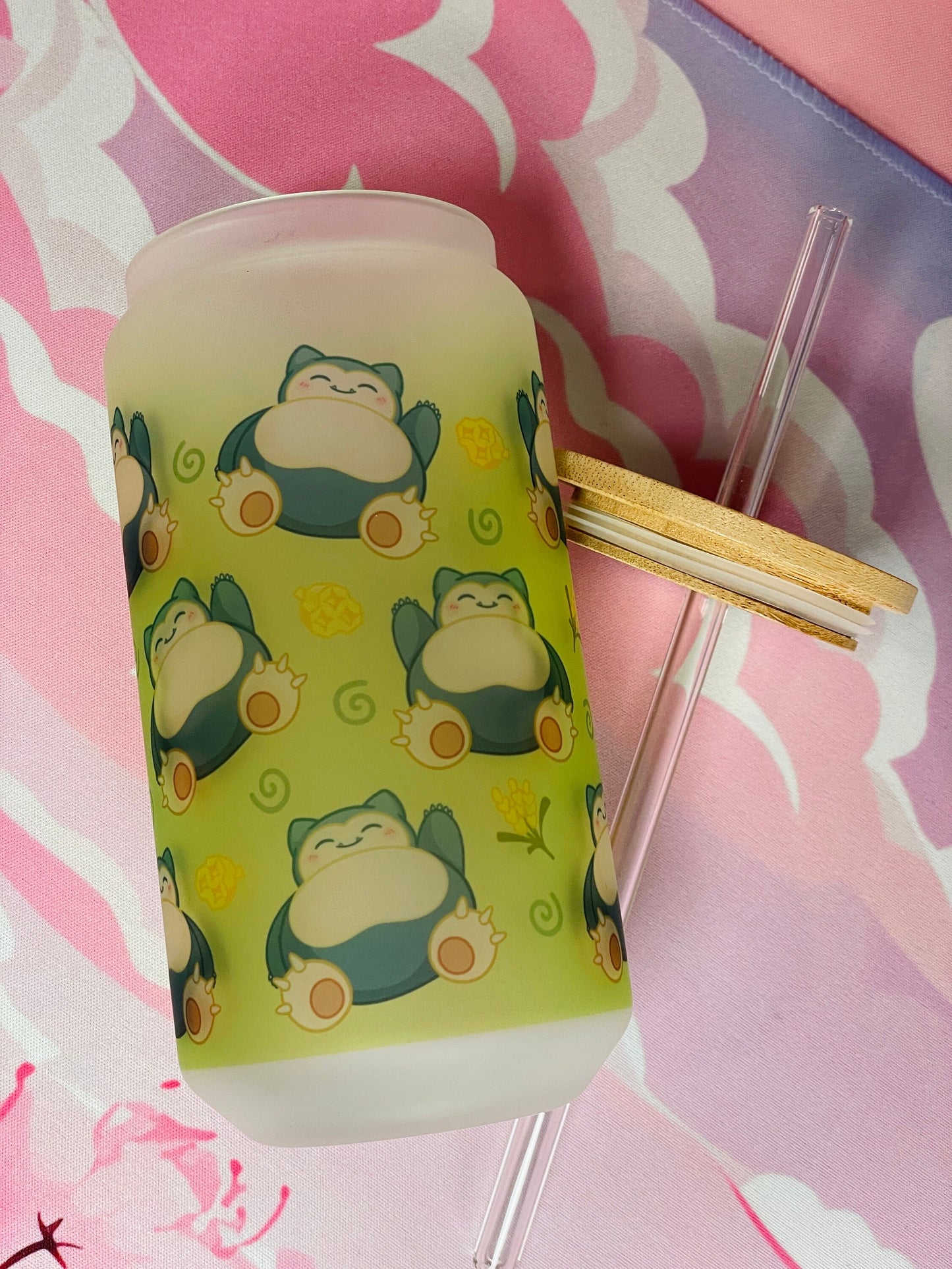 Glass Tumbler w/ Lid & Straw / Sleepy Cute Anime / Kawaii / Reusable
