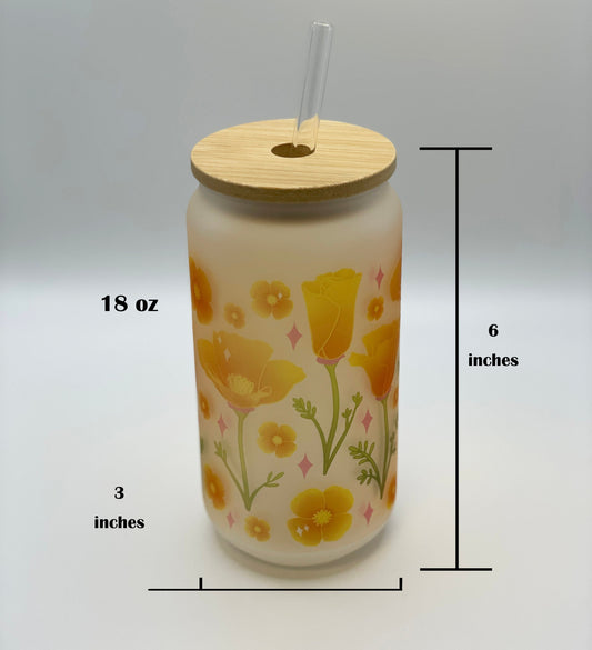 Poppy Iced Coffee Glass, California Poppies, Glass Can w/ bamboo Lid & Straw, Beer Can Glass, Flower Frosted Glass Cup, Golden Poppy Flower