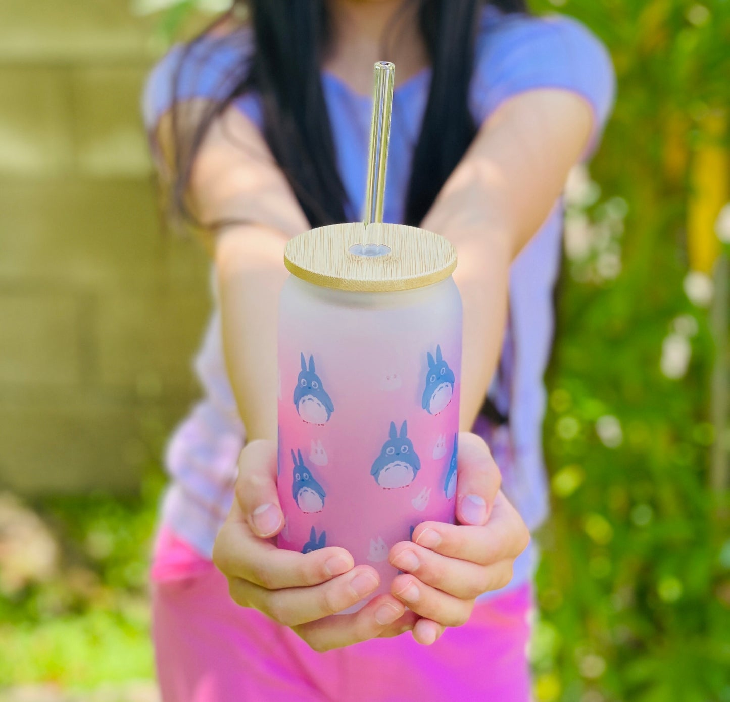 Glass Tumbler / Anime / Manga / Kawaii / Cute/Pink / Glass Cup with Lid / Reusable Straw/ Kawaii Glass/ anime/Beer Can Glass/ frosted.