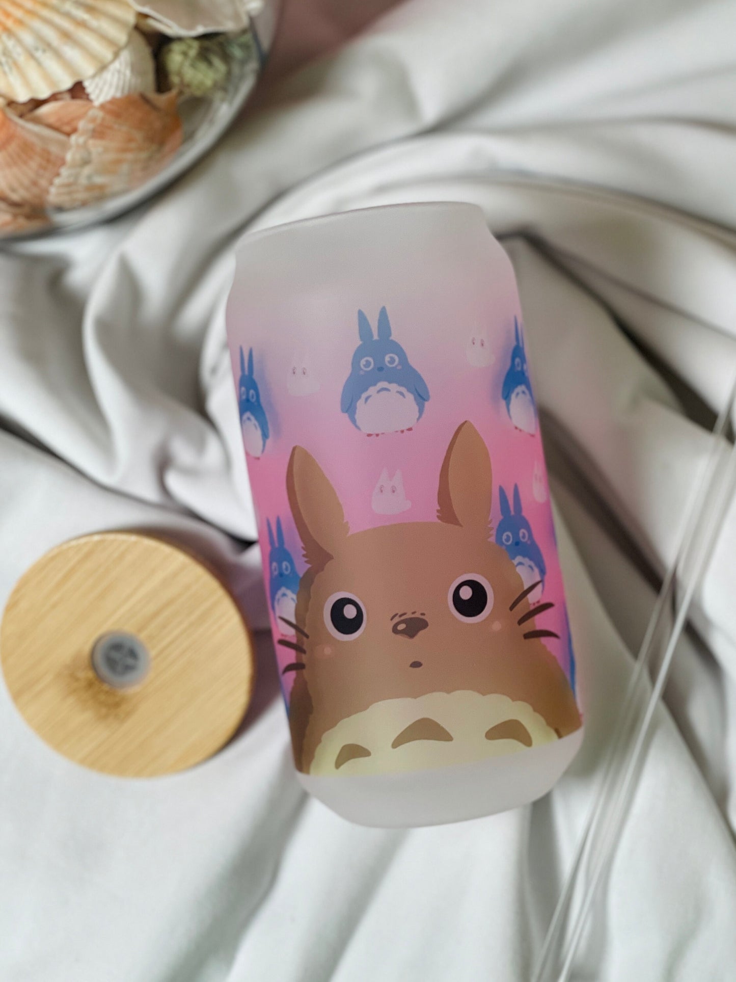 Glass Tumbler / Anime / Manga / Kawaii / Cute/Pink / Glass Cup with Lid / Reusable Straw/ Kawaii Glass/ anime/Beer Can Glass/ frosted.