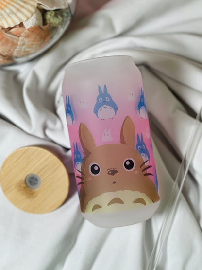 Glass Tumbler / Anime / Manga / Kawaii / Cute/Pink / Glass Cup with Lid / Reusable Straw/ Kawaii Glass/ anime/Beer Can Glass/ frosted.