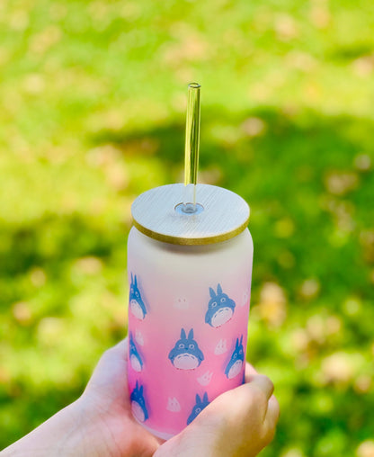 Glass Tumbler / Anime / Manga / Kawaii / Cute/Pink / Glass Cup with Lid / Reusable Straw/ Kawaii Glass/ anime/Beer Can Glass/ frosted.