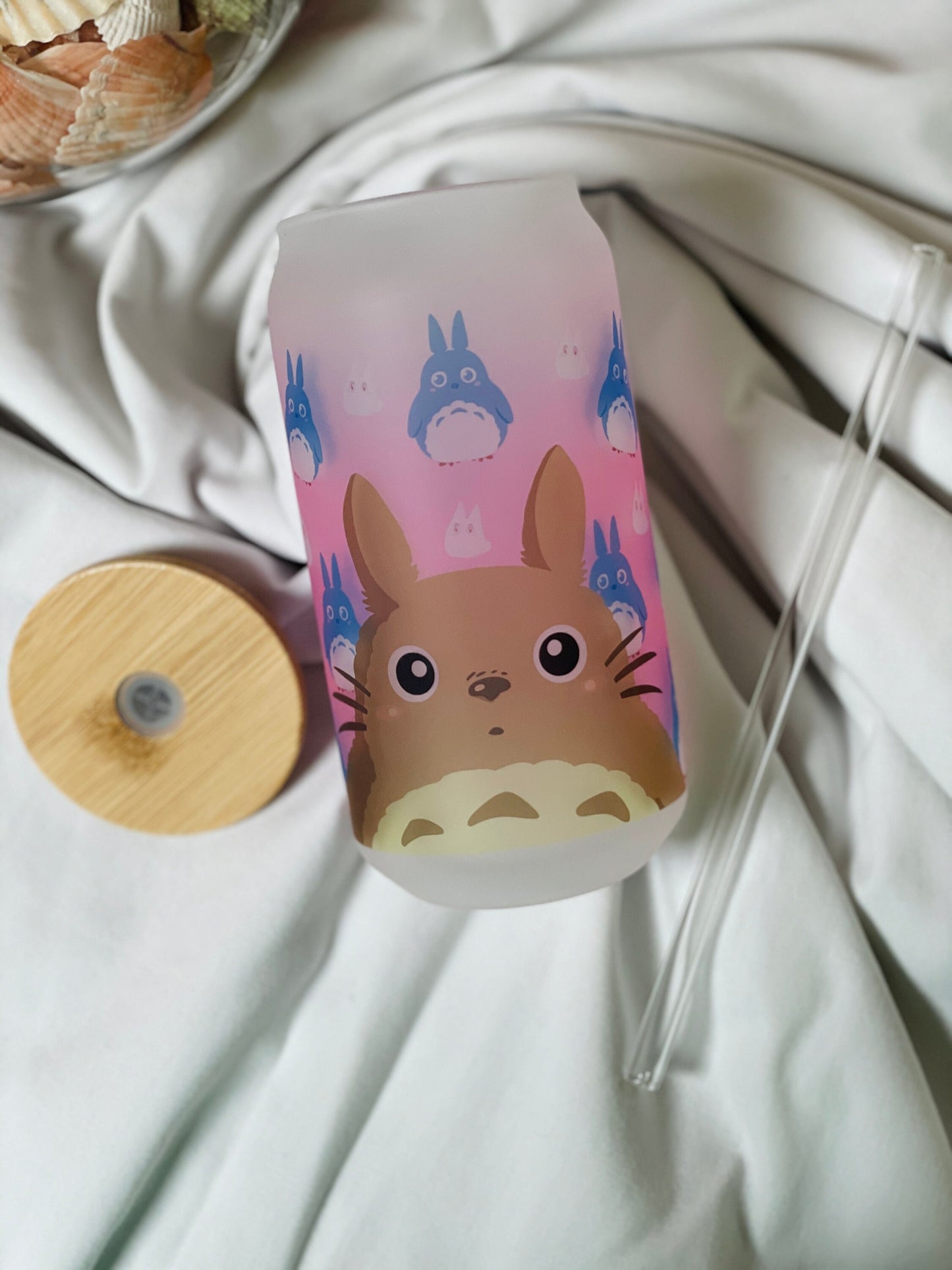 Glass Tumbler / Anime / Manga / Kawaii / Cute/Pink / Glass Cup with Lid / Reusable Straw/ Kawaii Glass/ anime/Beer Can Glass/ frosted.