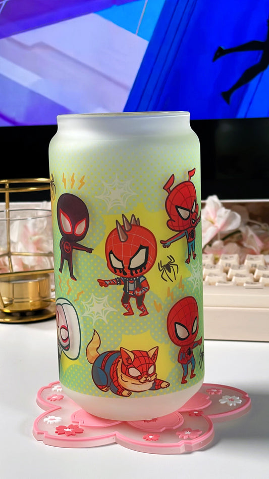 18oz Glass Tumbler | Spider & Friends | Cute Superheroes | Glass Cup with Bamboo Lid | Reusable Glass Straw