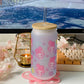 Cute bunny glass, with a cute rainbow candy clouds background, pink bunny cup, Iced Coffee Glass, Glass Can with Bamboo Lid and glass straw