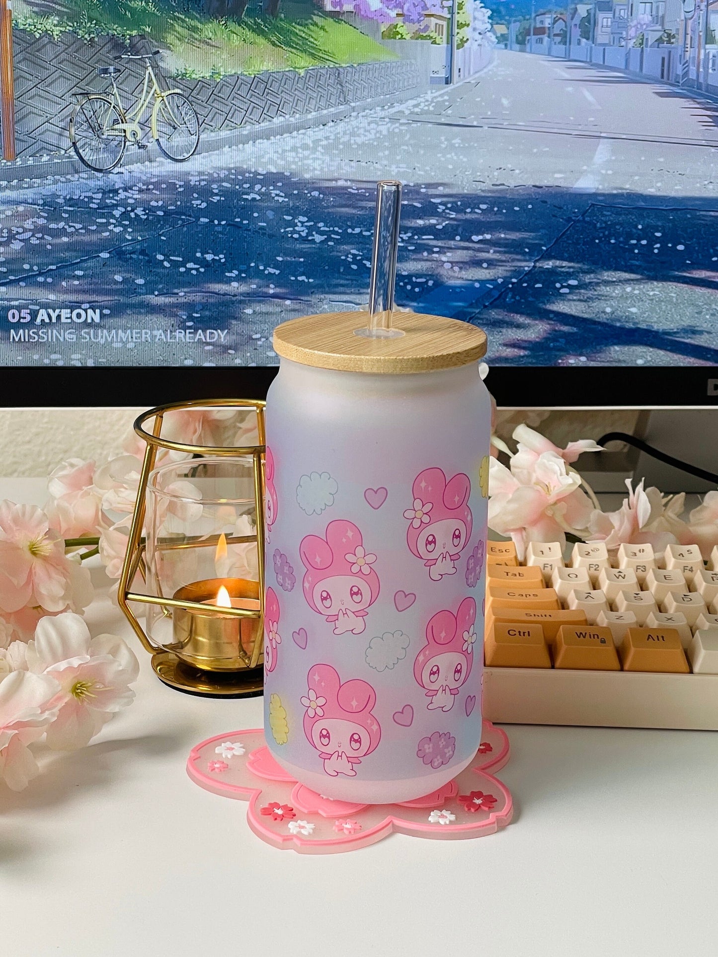 Cute bunny glass, with a cute rainbow candy clouds background, pink bunny cup, Iced Coffee Glass, Glass Can with Bamboo Lid and glass straw