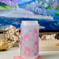 Cute bunny glass, with a cute rainbow candy clouds background, pink bunny cup, Iced Coffee Glass, Glass Can with Bamboo Lid and glass straw