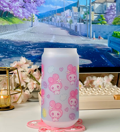 Cute bunny glass, with a cute rainbow candy clouds background, pink bunny cup, Iced Coffee Glass, Glass Can with Bamboo Lid and glass straw